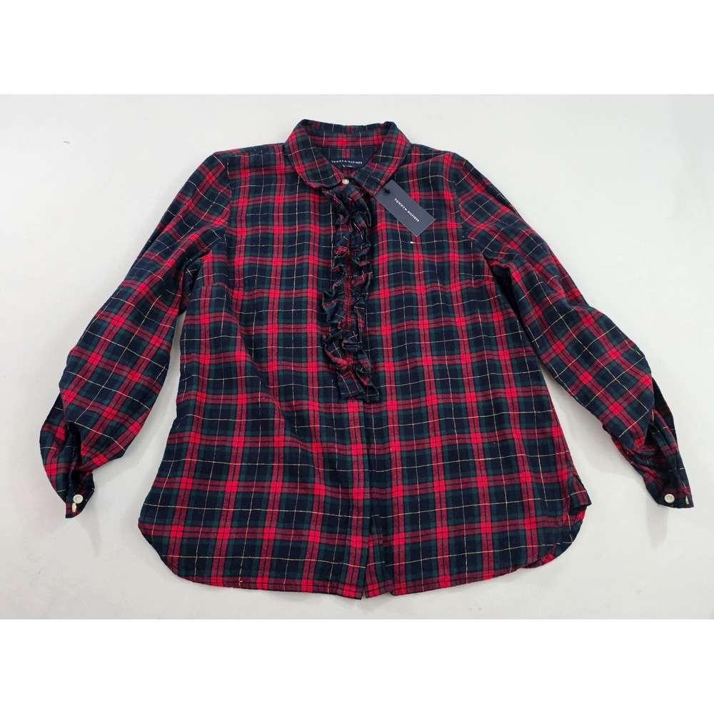 Tommy Hilfiger Womens Red Plaid Ruffle Flannel Shirt J52A0280 Medium NEW